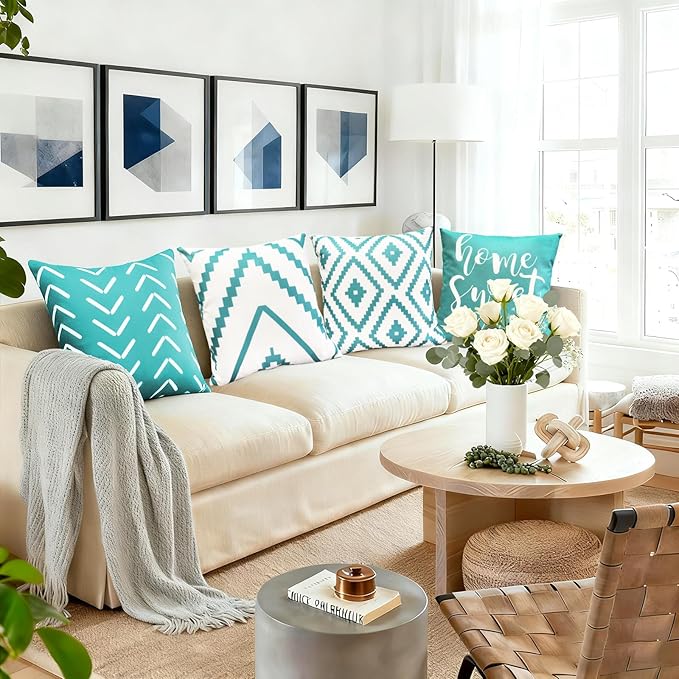 Decorative Throw Pillow Covers 16x16 inch Set of 4 Aqua Blue Pillow Covers for Couch Sofa Bed Living Room,Farmhouse Outdoor Throw Pillow Cover,Modern Geometric Linen Square Throw Pillow Case