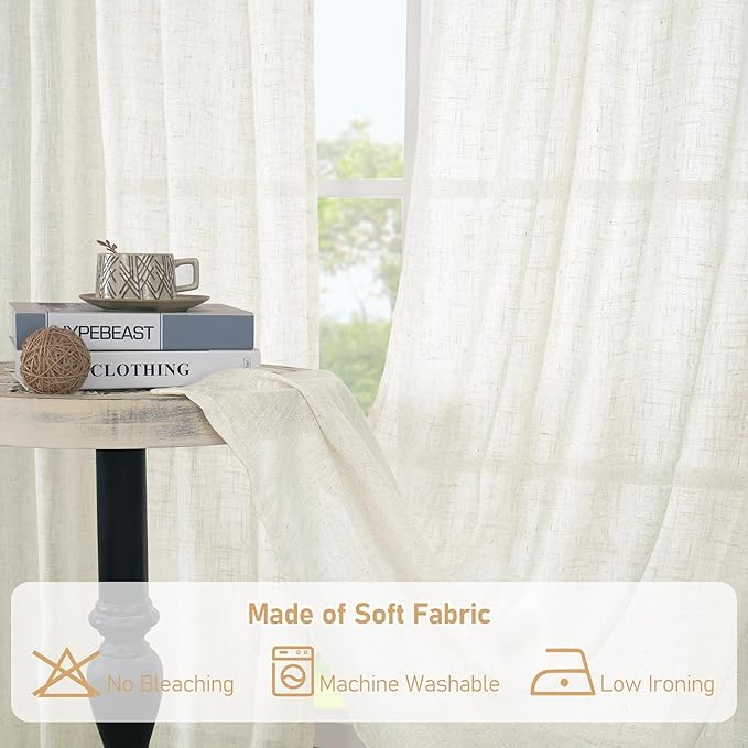 LAMIT Kitchen Semi Sheer Linen Curtains 24 Inch Long, Light Filtering Panels Back Tab and Rod Pocket Neutral Drapes for Cafe/Bathroom/Small Window, Cream, 2 Panels, 34 x 24 Inch