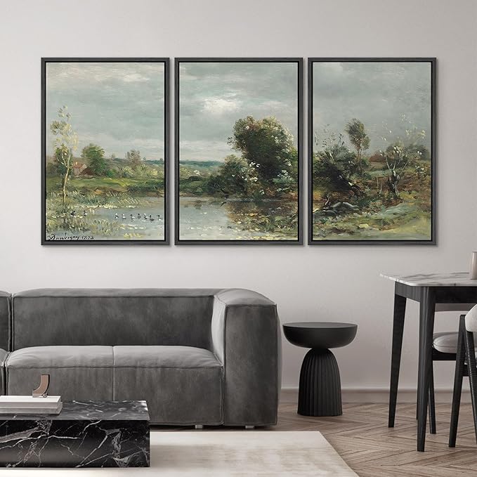 SIGNWIN Framed Canvas Print Wall Art Set Tranquil River Reflections Classic Nature Illustrations Modern Art Decorative Rustic Calm/Zen for Living Room, Bedroom, Office - 24"x36"x3 Black