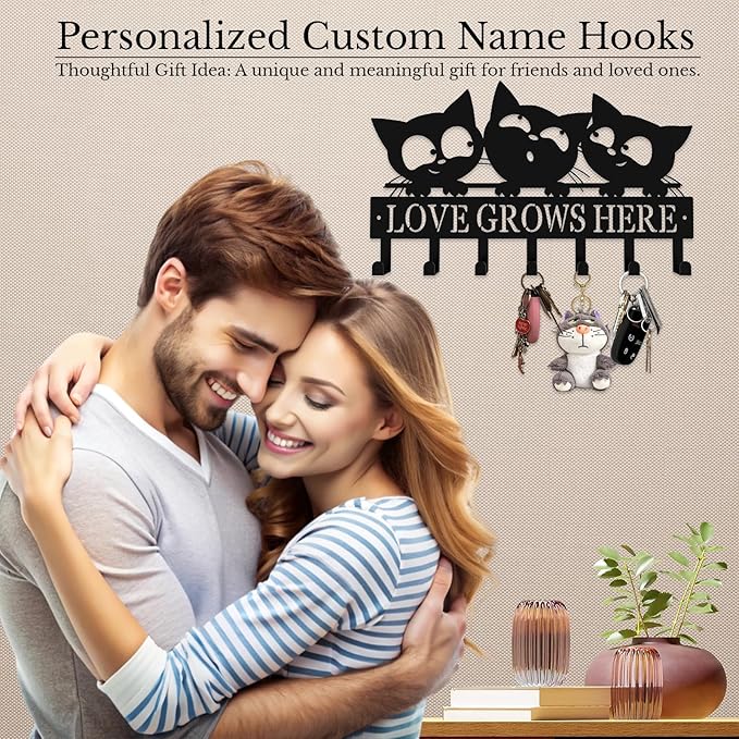 Personalized Metal Key Rack Hooks, Key Holder Wall Mounted Key Hooks, Cat Theme Wall Decoration Hooks, Key Hanger Organizer for Living Room, Entryway, Bathroom, Office Decor