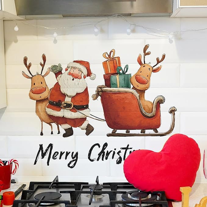 Christmas Wall Stickers Decor- Flower Wall Decals Peel and Stick Xmas Santa, Reindeer, Gifts Removable Wall Art for Home Party Office Classroom Winter Holiday (B)