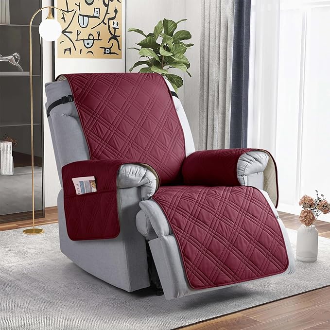 TAOCOCO 100% Waterproof Recliner Chair Covers, Non Slip Recliner Covers for Recliner Chair with Pocket, Washable Reclining Chair Cover Furniture Protector for Kids,Dogs(25'', Wine)