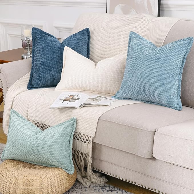 MADIZZ Chenille Velvet Throw Pillow Covers with Flange Set of 2 Super Soft Boho Textured Pillow Covers Decorative Throw Pillowcases Modern Farmhouse Home Decor for Sofa Bedroom Light Blue 12x20 Inch