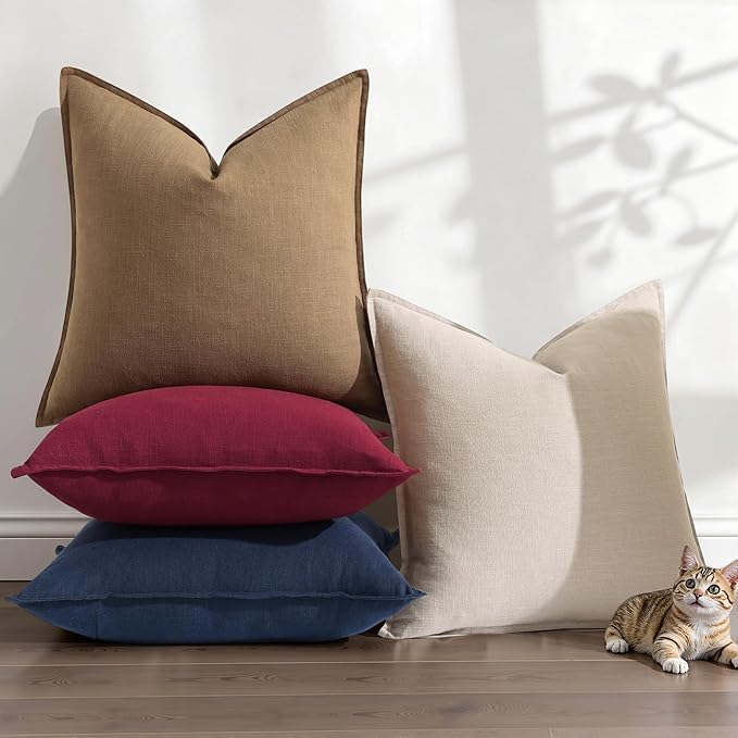 decorUhome Christmas Decorative Linen Throw Pillow Covers 20x20 Inch Set of 2 Khaki Brown Soft Pillow Covers with Flange Edges Soft Farmhouse Boho Accent Pillow Cases for Couch Sofa Bed Living Room