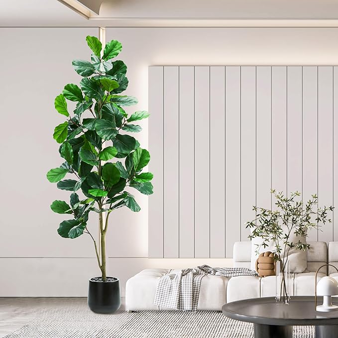 Artificial Fiddle Leaf Fig Tree：7FT Tall Faux Ficus Lyrata Plant Fake Fig Trees Realistic Green Silk Large Leaves with Natural Trunks & Pebbles in Black Planter for Indoor Outdoor Office Home.