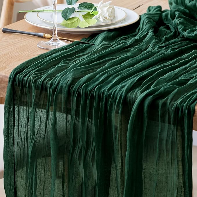 Table Runner Cheesecloth 10FT Emerald Green Boho Gauze Cheese Cloth Rustic Sheer Table Runners for Wedding Bridal Baby Shower Party Decoration