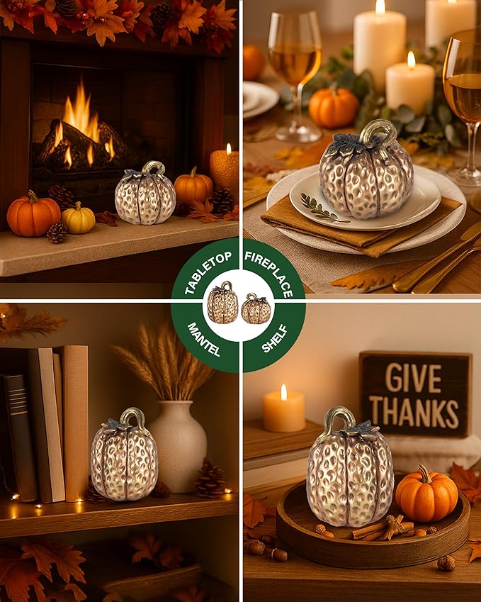 Gold Resin Pumpkin Figurines Set of 2 – Textured Fall Harvest Decorations for Table Centerpiece Thanksgiving Décor, Autumn Home Accents (Gold)
