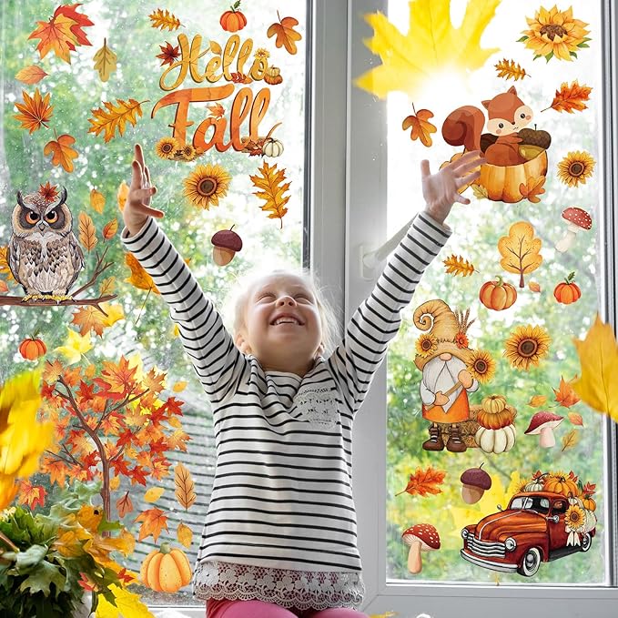 Cinrobiye 150 Pcs Fall Window Clings，Thanksgiving Window Stickers Pumpkin Maple Leaf Window Art Seasons Decals for Autumn School Home Office Accessories Toddler Party Supplies Gifts, 9 Sheets (Fall)