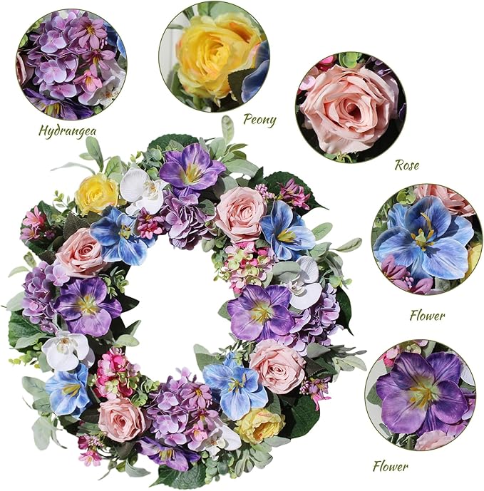 24 Inch Spring Summer Wreaths for Front Door, Spring Summer Door Wreaths, Artifical Floral Flowers Wreath with Purple Hydrangea,Pink Rose,Blue Tulip,Large Wreaths for Spring Summer Outdoor Home Decor
