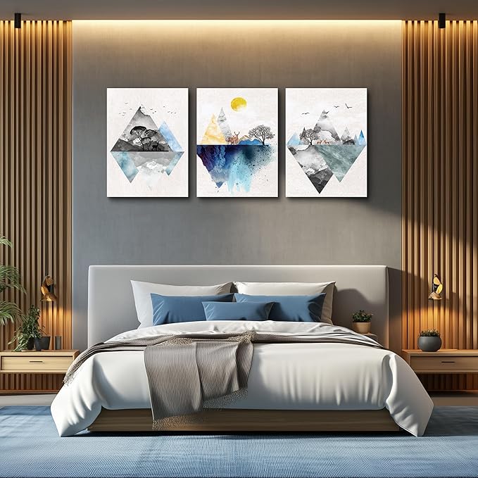 Wall Art for living room Canvas Prints Artwork bathroom Wall Decor Abstract Mountain geometric Picture Watercolor painting 3 Pieces Framed bedroom wall decorations Fashion Office Home decoration