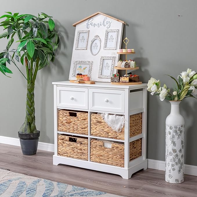 PHI VILLA White Storage Cabinet with Baskets, Accent Cabinet with Drawers, Entryway Rattan Cabinet with Shelves