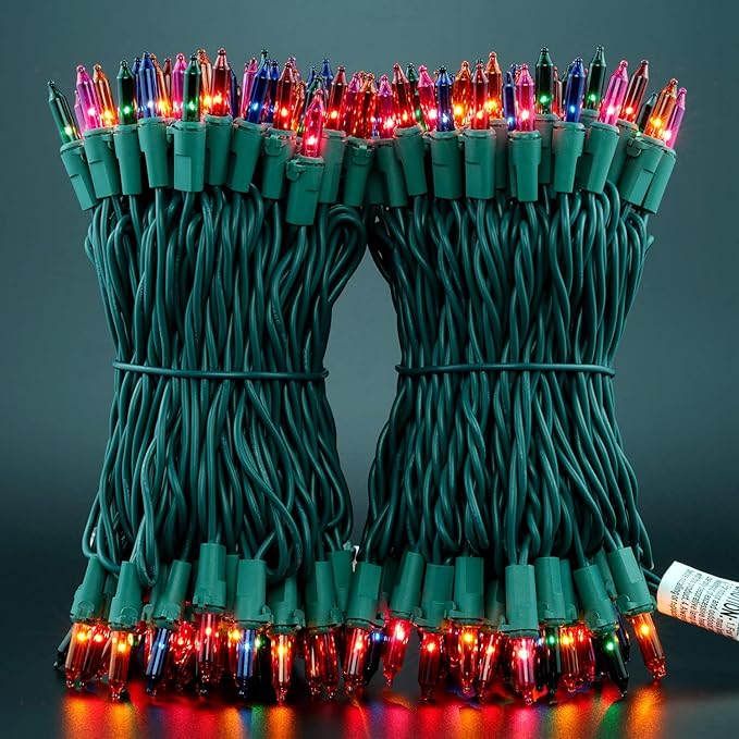 YULETIME 200 Multicolor Christmas Lights, Pack of 2 Sets 33 Feet 100 Count UL Certified Incandescent String Lights (Multicolor - Green Wire)