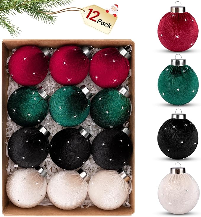 TonJin Christmas Tree Ornaments Velvet Balls 12 Pack, 2.36"/60mm Glitter Shatterproof Hanging Flocked Xmas Bulbs Decorations, Lightweight, 4 Colors Red Black Sage Green Beige,Holiday Party Home Decor