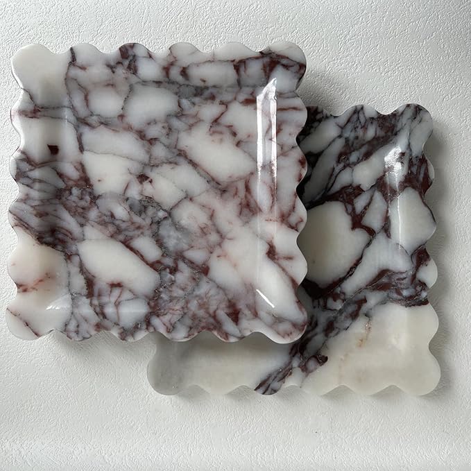 Vintage Natural Marble Tray Small Ornaments Scalloped Tray Handmade Storage Dish for Counter, Vanity, Dresser, Nightstand and Desk (Calacatta Purple)