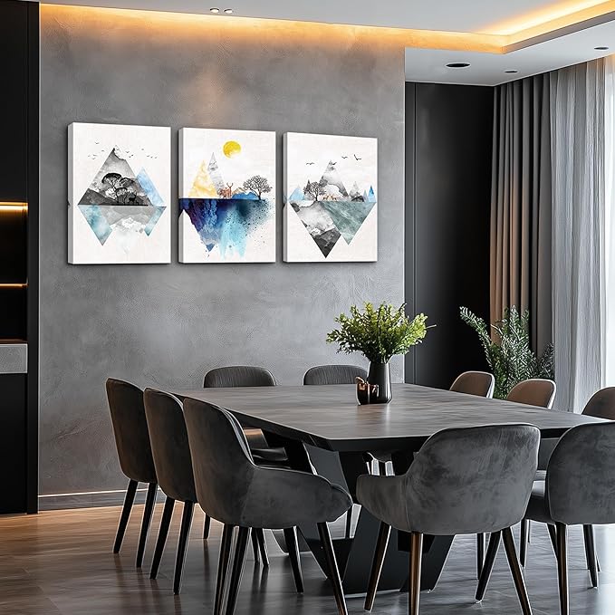 Wall Art for living room Canvas Prints Artwork bathroom Wall Decor Abstract Mountain geometric Picture Watercolor painting 3 Pieces Framed bedroom wall decorations Fashion Office Home decoration