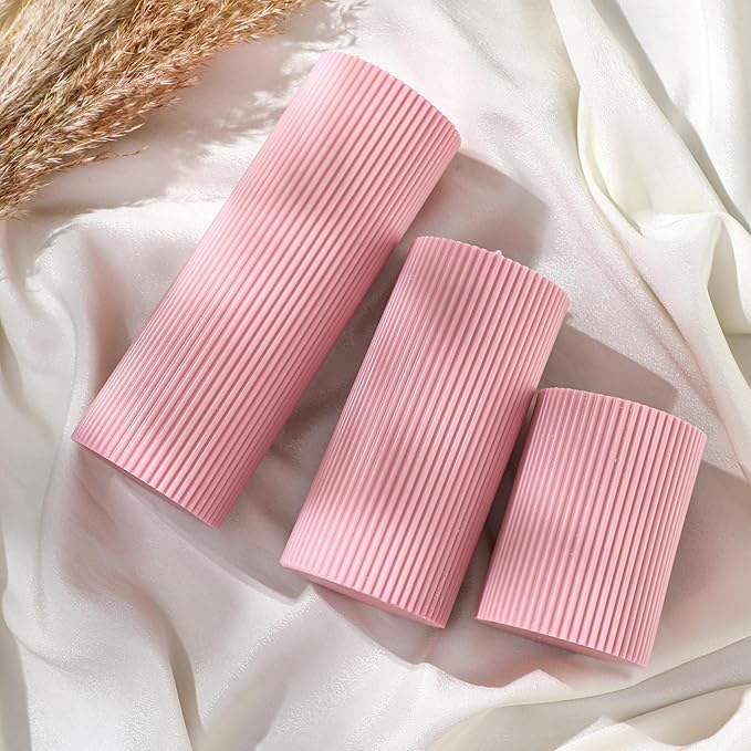 Ribbed Pillar Candles Set of 3, Width 3" High 4" 6" 8" Large Soy Wax Orchids Scented Pillar Candles Aesthetic Ribbed Modern Home Decor for Bathroom Living Room(Pink)