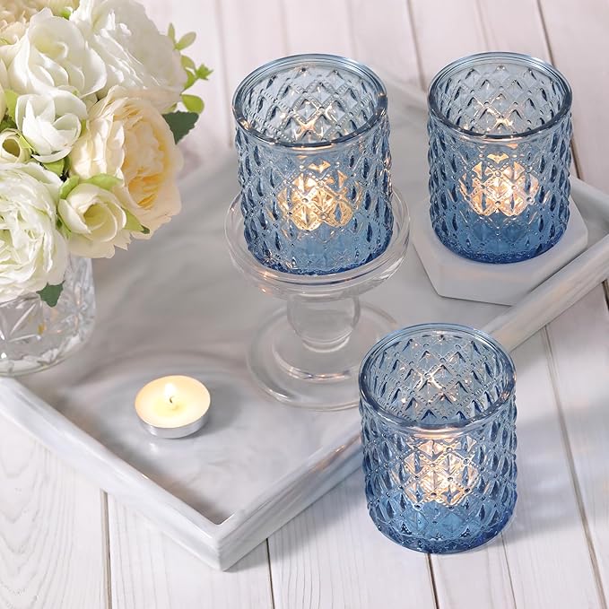 8Pcs Large Votive Candle Holders Blue Tea Light Candle Holders Glass Candle Holder for Wedding, Bridal Shower, Table Centerpiece, Party, Home Decor