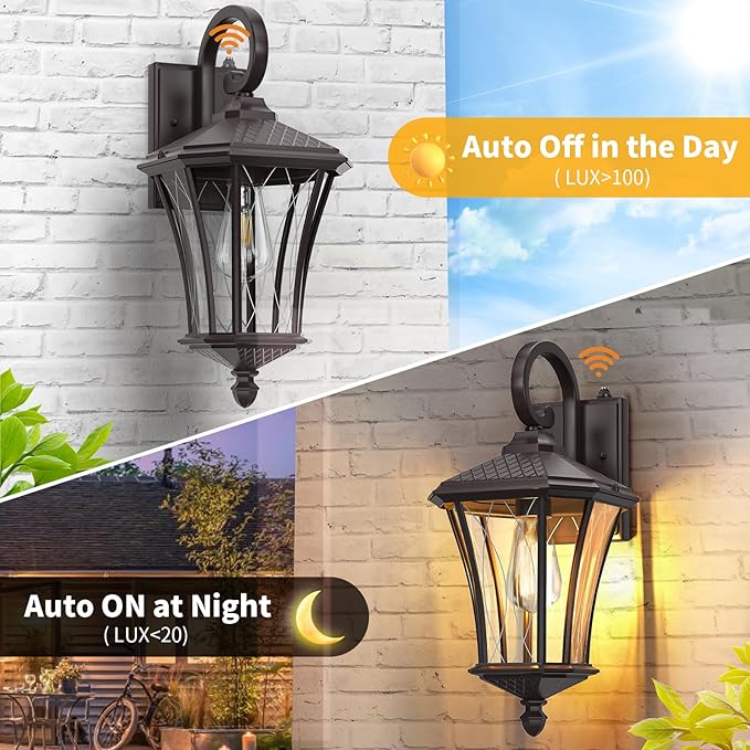 YSN 2 Pack Dusk to Dawn Outdoor Light Fixture Wall Mount Porch Lights Weather Resistant Exterior Sconce Light, Waterproof Wall Lantern for Porch, Garage, Backyard, Walkway, E26 Socket, Brown