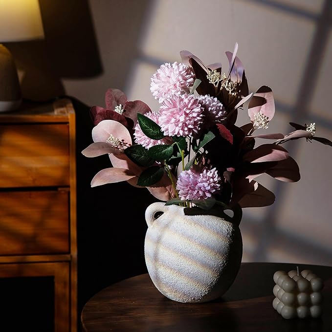 White Ceramic Vase - Short Vases with Hadle - 6 Inch Small Christmas Rustic Decorative Vase Flower, Vintage Terracotta Vase for Home Decor Living Room Shelf Decor Table, Lyeec