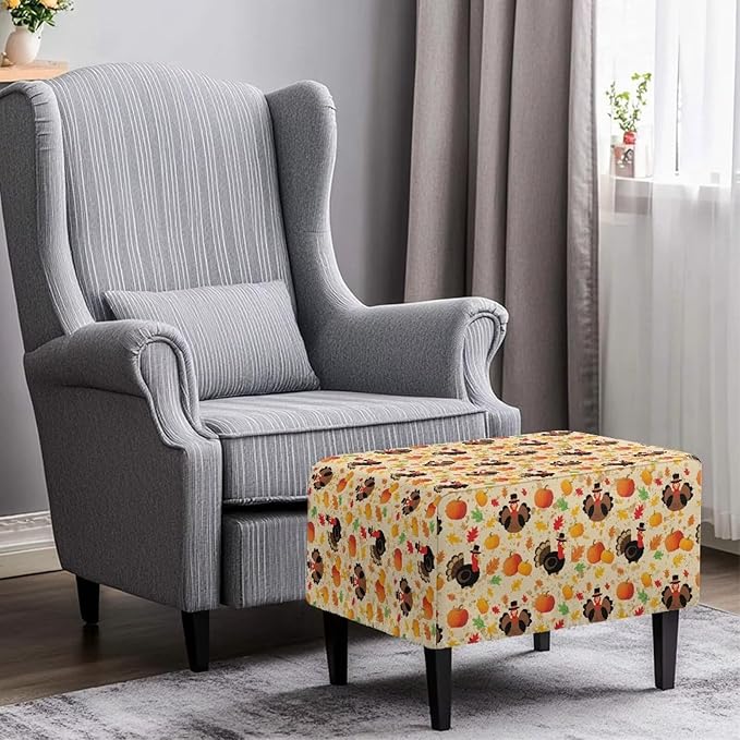 Thanksgiving Turkey Ottoman Cover - Non-Slip Elastic Rectangular Slipcover, Easy Care Furniture Protector for Holiday Gatherings, 33x30x15 Inch