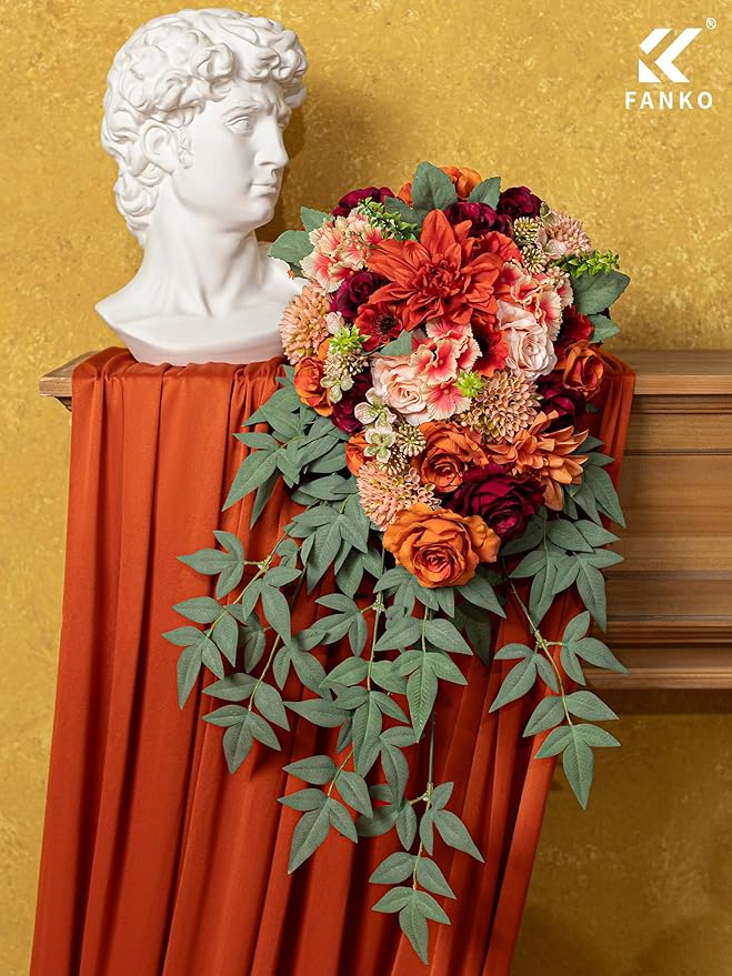 FANKO Artificial Flowers Red Rose, Mixed Fake Silk Flowers Combo Gradient Orange & Champagne Rose Burnt Orange Dahlia Chrysanthemum Vintage for DIY Wedding Bridal Bouquets, Home Decor