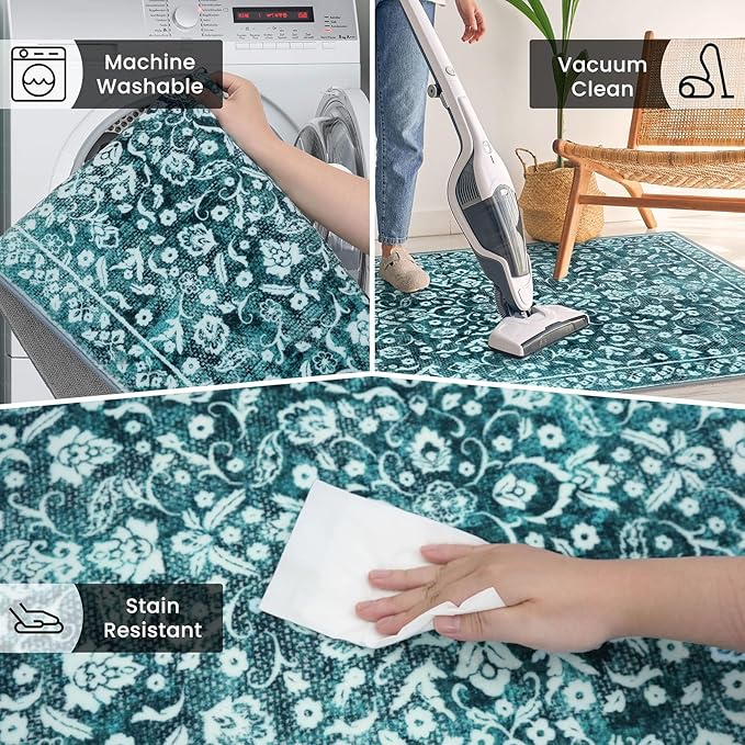 Vintage Washable 2x5 Rug Runner, Dark Teal Runners for hallways, Super Soft Kitchen Runner Rug Non Slip, Print Faux Wool Floral Thin Carpet Runner for Entryway Indoor Bedroom