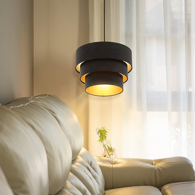 Plug in Pendant Light, Hanging Light Fabric Shade, Pendant Light Fixture for Bedroom, Kitchen, Living Room, Dining Table (Black)