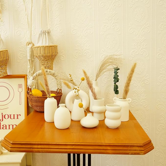 Small White Ceramic Vase Set of 10 Ceramic Bud Vases in Bulk Modern Farmhouse Boho VaseS for Pampas Grass, Flowers, Decorative Ceramic White Flower Vases for Home Decor, Entryway Table Decor