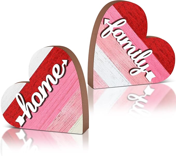 Jetec 2 Pcs Rustic Table Decorations for Living Room Home Decor Farmhouse Valentines Day Centerpiece Small Love Wooden Heart Decor for Dining Room Shelf Valentines Gift Decoration(Sweet Style)