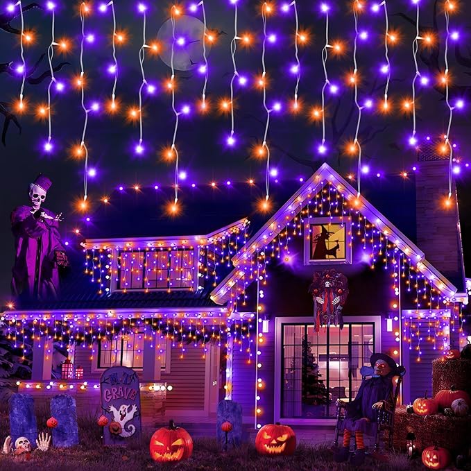 131FT 1280LED Halloween Lights Decoration，Orange Purple Led String Lights Outdoor with 240 Drops，8 Lighting Modes，Timer Memory Function for Halloween Night Party Fence Yard Roof Decor