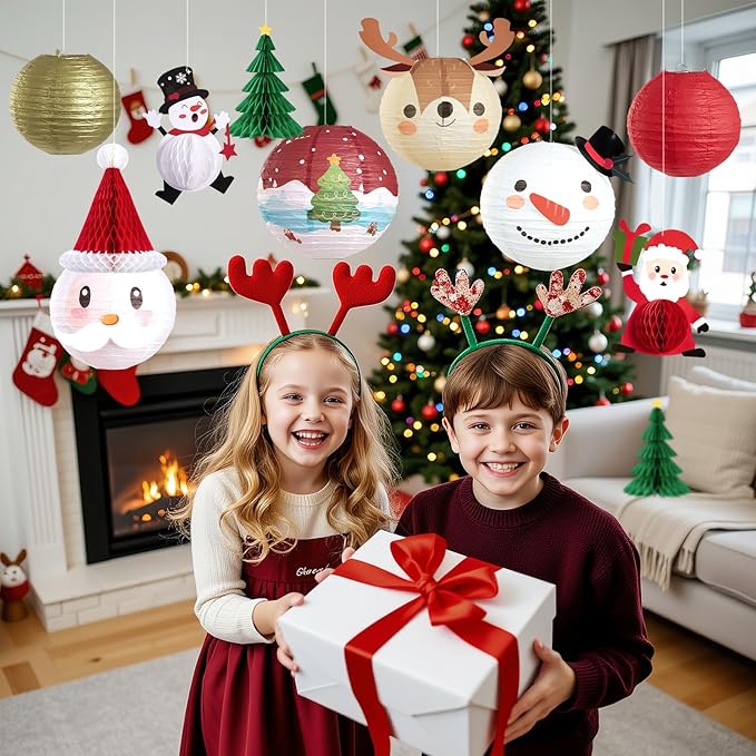 Christmas Hanging Paper Lanterns and Honeycomb Set, 11 PCS Santa Snowman Reindeer Theme Lanterns and Paper Christmas Tree Honeycombs, Holiday Ceiling Party Decorations for Home, Classroom