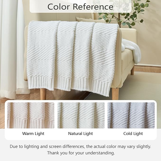 Knitted Throw Blanket 50"X60", White Knit Throws for Bed, Super Soft Boho Chevron Blankets for Couch Sofa Chair Room Decor, Textured Decorative Farmhouse Cozy Lightweight
