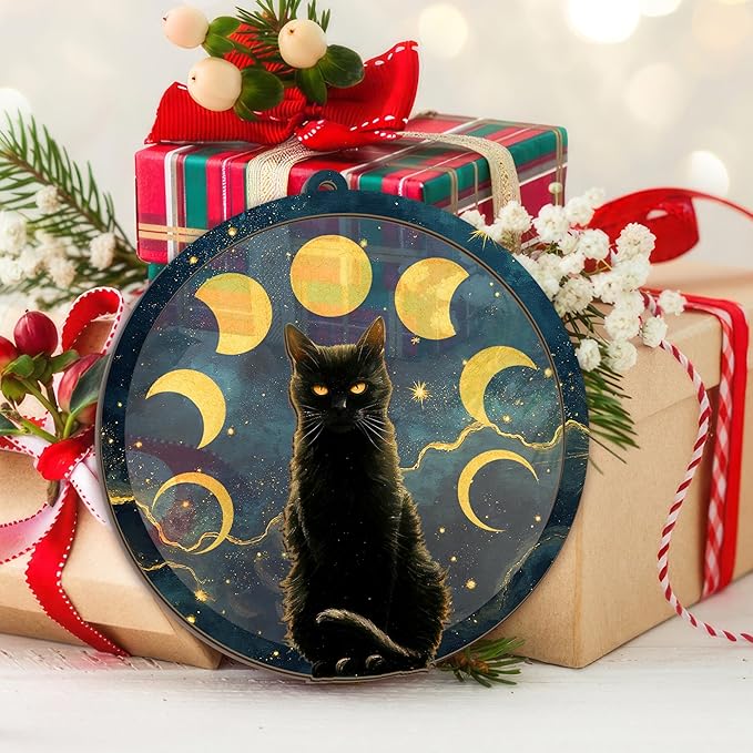 GEEMBI Christmas Black Cat Gifts for Women Men - Suncatcher Christmas Ornaments 2025 for Tree Decorations - Black Cat Ornament for Halloween, Witchy Mystical Gifts for Women, Moon Phase Gothic Decor