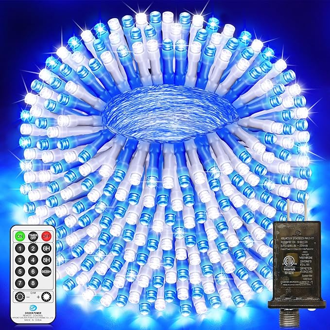 403 FT 1000 LED Christmas Lights Outdoor Decorations Super Long Fairy Lights Waterproof 8 Modes Timer Clear Wire String Lights for Outside House Tree Patio Yard Wedding Party Holiday-Blue&White