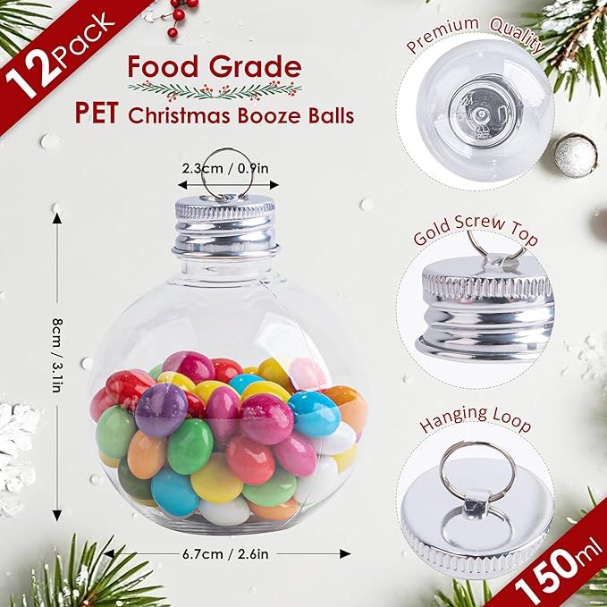 12 Pcs Clear Christmas Ornaments Balls, 5oz Fillable Plastic Christmas Ornament Balls for Christmas Tree Hanging Decoration & White Elephant Gifts
