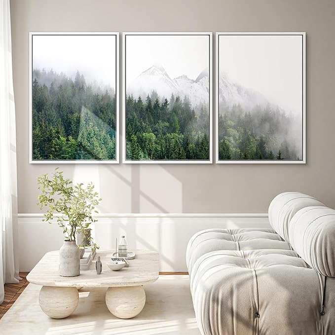 SIGNWIN Framed Canvas Print Wall Art Set Winter Mountain Misty Forest View Nature Wilderness Photography Modern Art Rustic Landscape Relax/Calm for Living Room, Bedroom, Office - 24"x36"x3 White