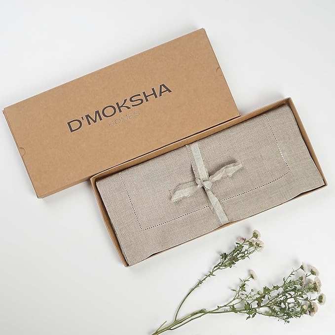 D'Moksha Homes Linen Natural Table Runner 48 Inches - Classic Hemstitch, 100% Pure Linen Coffee Table Runner 14 x 48 Inch Ideal for Dresser Tables, Valentines, Spring, Easter