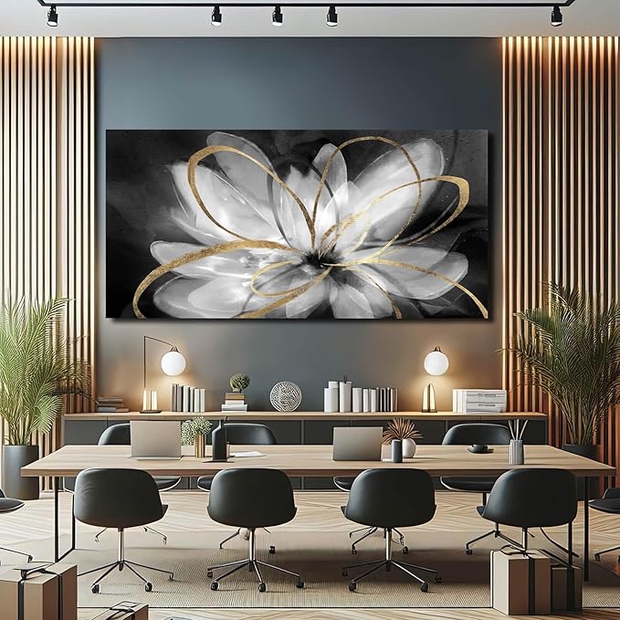 SOUGUAN Flower Large Artwork Gold Wall Decor White Canvas Paintings for Living Room Bedroom Kitchen Office 30"x 60"
