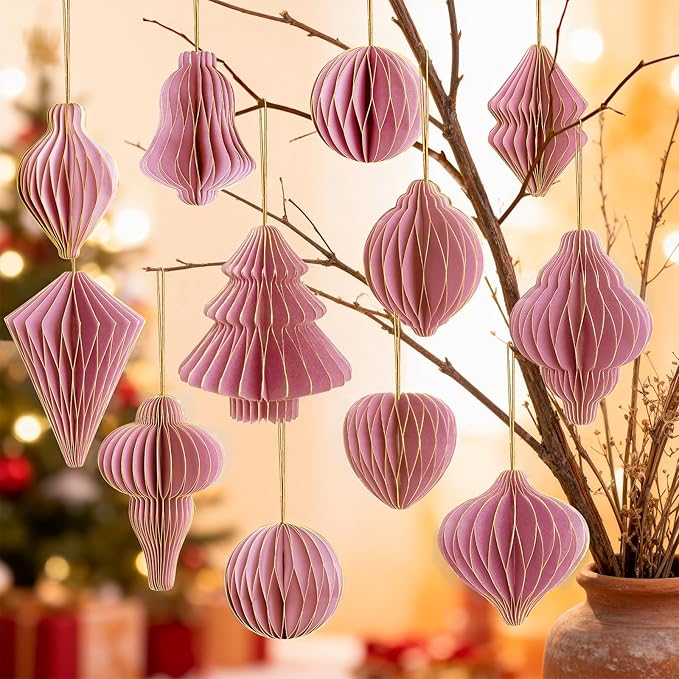 12Pcs Pink Paper Christmas Party Decorations, 3D Honeycomb Paper Hanging Ornaments with Glitter, Finial Honeycomb Lantern Lovely Ornaments for Christmas Trees Winter Wonderland Party