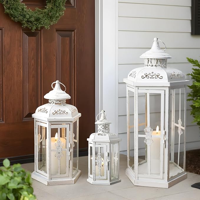 JHY DESIGN Set of 3 Decorative Candle Lanterns 20''&14"&10" H Outdoor Candle Lanterns Vintage Metal Cand leholder for Indoor Outdoor, Events, Parities and Weddings(White with Gold Brush)