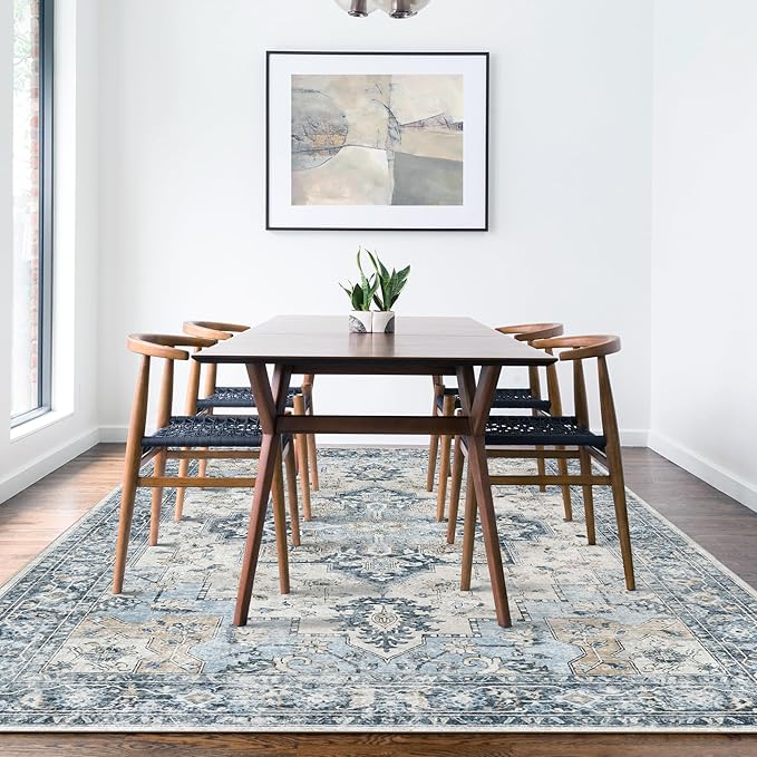 GENIMO 5x8 Area Rugs for Living Room, Machine Washable Low Pile Rugs, Chenille Non Slip Vintage Rug for Bedroom, Dining Room, Home Office, Blue