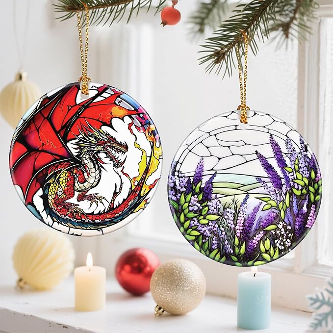Ceramic-Style Christmas Tree Decorations, Christmas Ornaments, Double-Sided Printed Ornament Keepsakes, Holiday Decor. Xmas Gifts, Gifts for Dragon Lovers - Dragon-Themed
