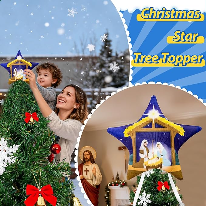 Eyourlife Jesus Nativity Tree Topper, 8 Inch Velvet Christmas Star Tree Topper with Tree Tie Straps Double-Layer Sponge Tree Decoration for Family Winter Holiday Party Supplies and Gifts