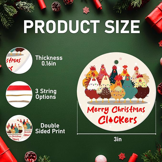 Funny Chicken Ornament 2025 – Ceramic Merry Christmas Flockers Xmas Hanging Farmhouse Hen Rooster Holiday Tree Decoration Gift
