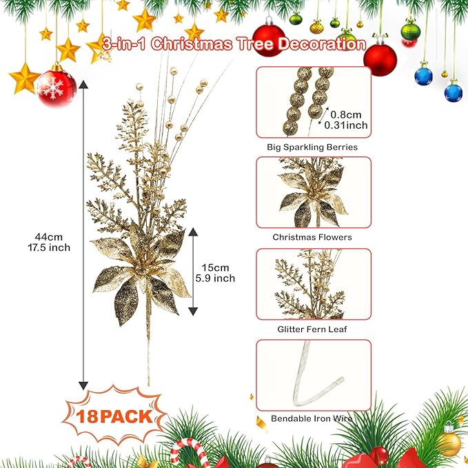 Artificial Glitter Berry Stem Ornaments, 18 Pack 17.5 Inch Gold Fake Christmas Picks Decorations with Poinsettia Christmas Flowers, Bead Sticks for Christmas Tree Wedding Small Vase Wreath Decor