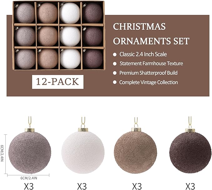 Christmas Ornaments Set 12PCS - 2.4 Inch Textured Shatterproof Vintage Neutral Ball Ornaments for Tree Rustic Farmhouse Decor