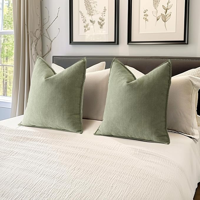 MIULEE Pack of 2 Sage Green Decorative Pillow Covers 24x24 Inch Soft Chenille Luxurious Couch Throw Pillows Farmhouse Cushion Covers Euro Shams with Elegant Design for Sofa Bed Living Room Home Decor
