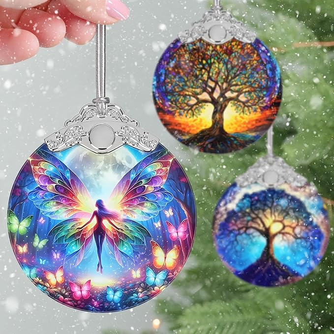 Christmas Ornaments, 3" Stained Glass Christmas Decor, Christmas Tree Ornaments, Christmas Tree Decorations, Gifts for Women, Xmas Gifts Ideas, Perfect for Holiday Party, Window, Tree, Home Decor