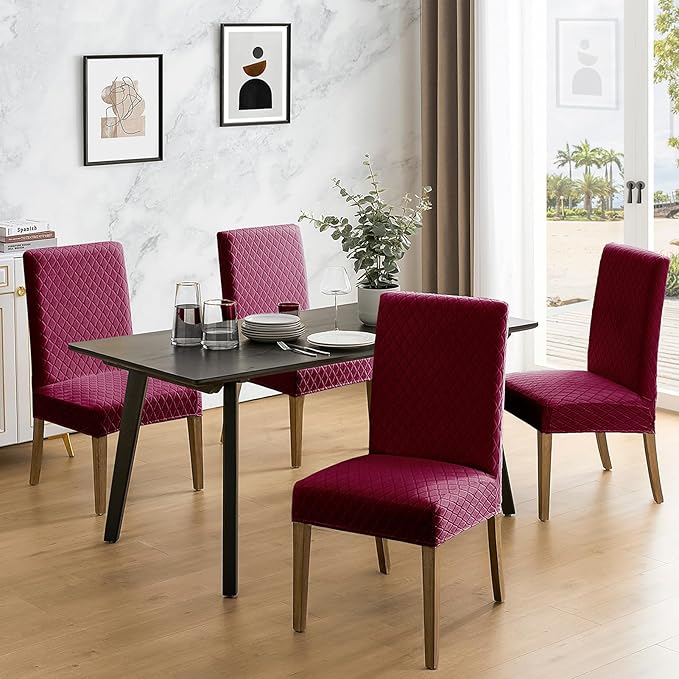 MOSAYT 100% Waterproof Dining Room Chair Covers Set of 4, Super Fit Stretch Jacquard Parson Chairs Slipcovers Removable Washable Chair Seat Protectors for Home, Kitchen, Banquet (Burgundy)