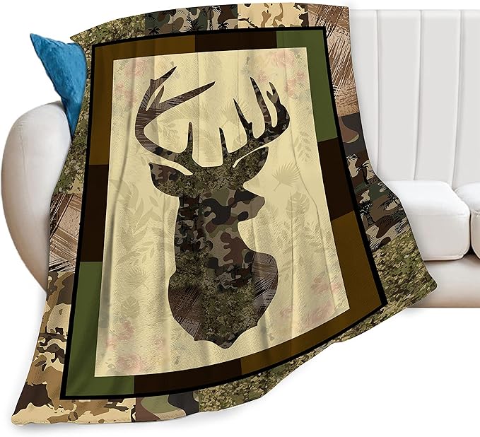 Deer Camouflage Throw Blanket Cozy Plush Camo Hunting Flannel Fleece Ultra Soft Blankets Unisex Lightweight Fuzzy Party Blanket Gifts for Adult Men Bed Couch Sofa Kids 60"x50"